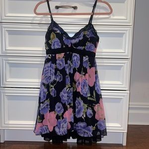Purple and pink flower printed flowy dress! Lace on front!